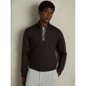 REISS HALE Leather Placket Interlock Jersey Sweatshirt